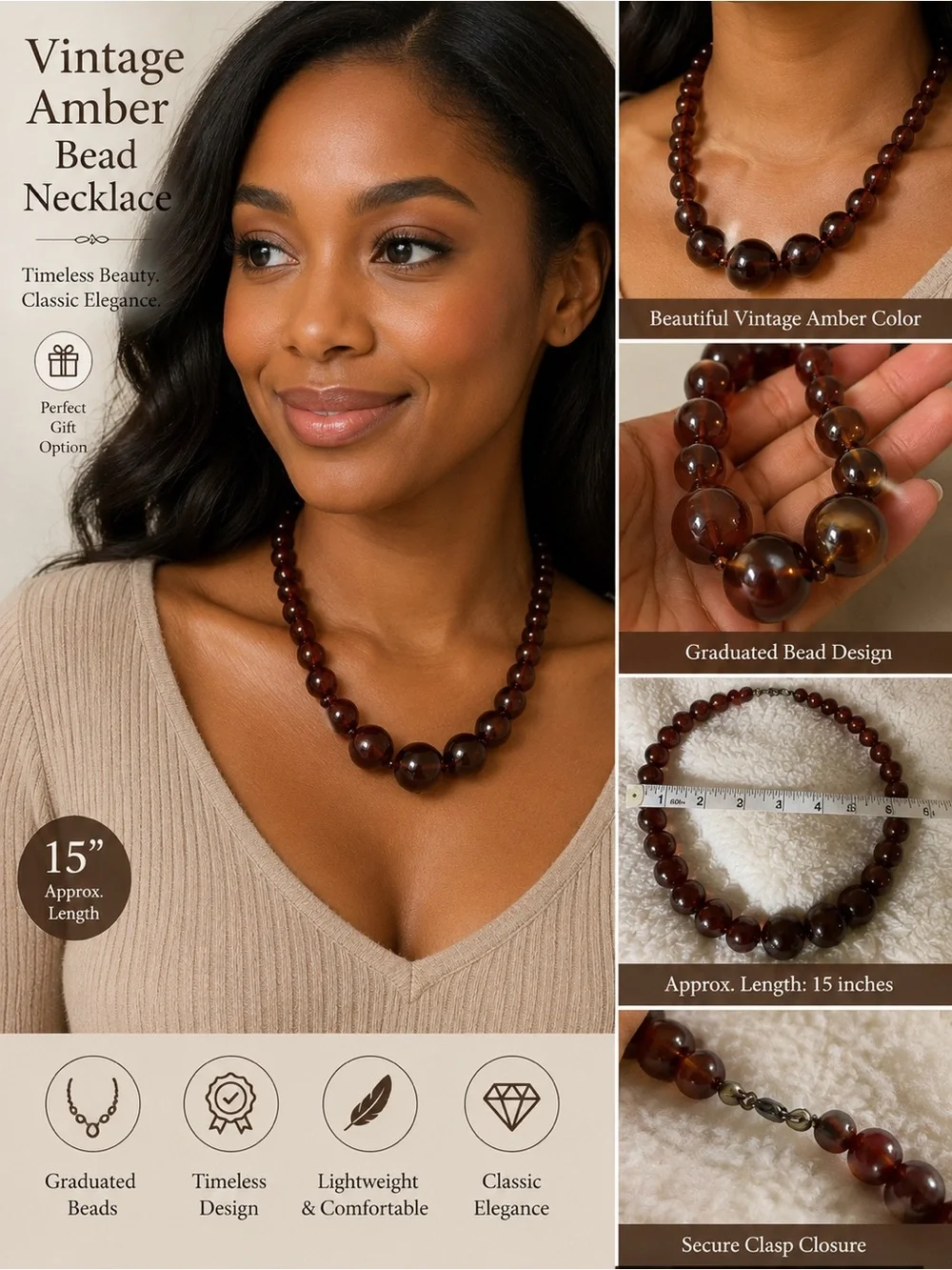 Vintage Amber Bead Necklace - Classic Brown Amber Beads